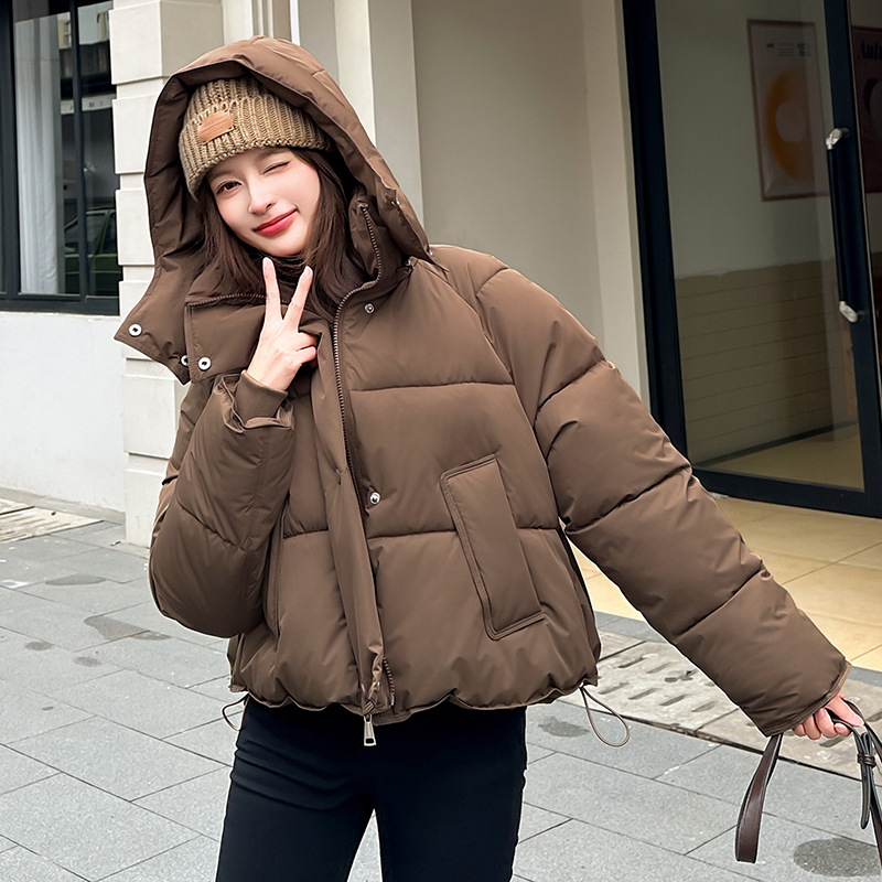 Europa americana ropa de algodón corta mujer invierno 2025 nuevo estilo de moda con capuzas curry grueso chaqueta de algodón