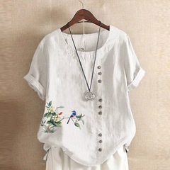 綿麻半袖Tシャツ夏ゆったり大きいサイズ婦人服レトロスタイルプリントボタンシャツシャツトップTシャツ