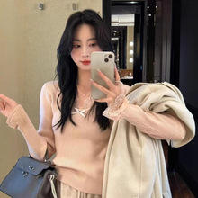 广州十三行品质货！韩系蕾丝拼接高级感百搭显瘦长袖打底针织衫女