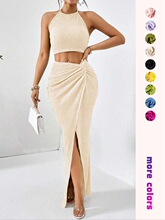 Women's Solid Color Fitted Crop Top & Split Hem Skirt