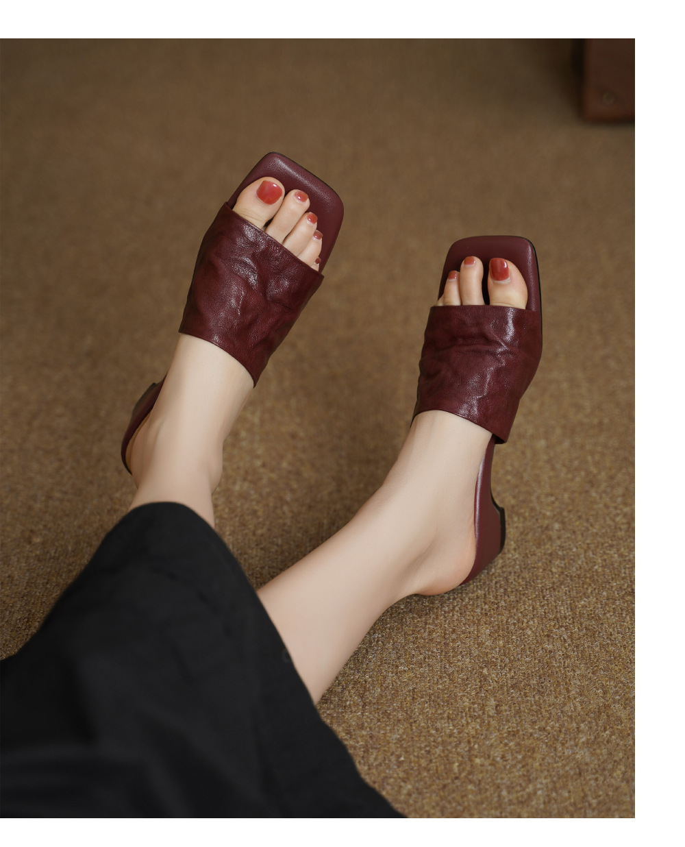 Sandal nữ da cừu lộ ngón chân quai chữ V phong cách Hàn Quốc — đen chi tiết 10