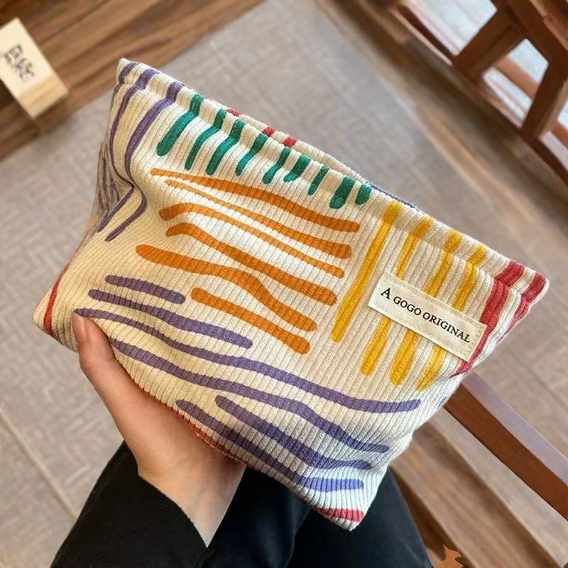 Ins Niche Corduroy Contrast Stripesd Cosmetic Bag Portable Travel Business Trip Skin Care Product Storage Bag Toiletry Bag