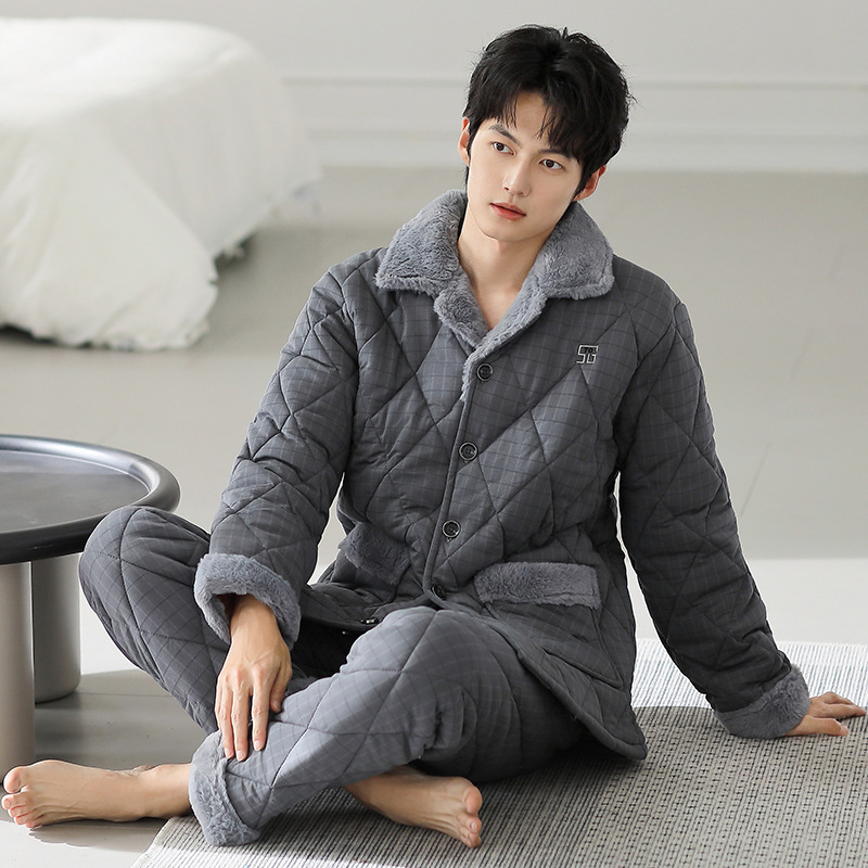 Three-Layer Quilted Pajamas for Men in Winter Thickeneded Warm Cardigan Style Winter Pure Cotton Quilted Home Clothes Men's Pajamas
