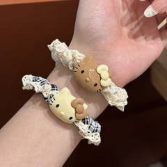 ins可爱甜美蕾丝花边猫咪发圈奶咖色格子发绳丸子头高颜值发饰