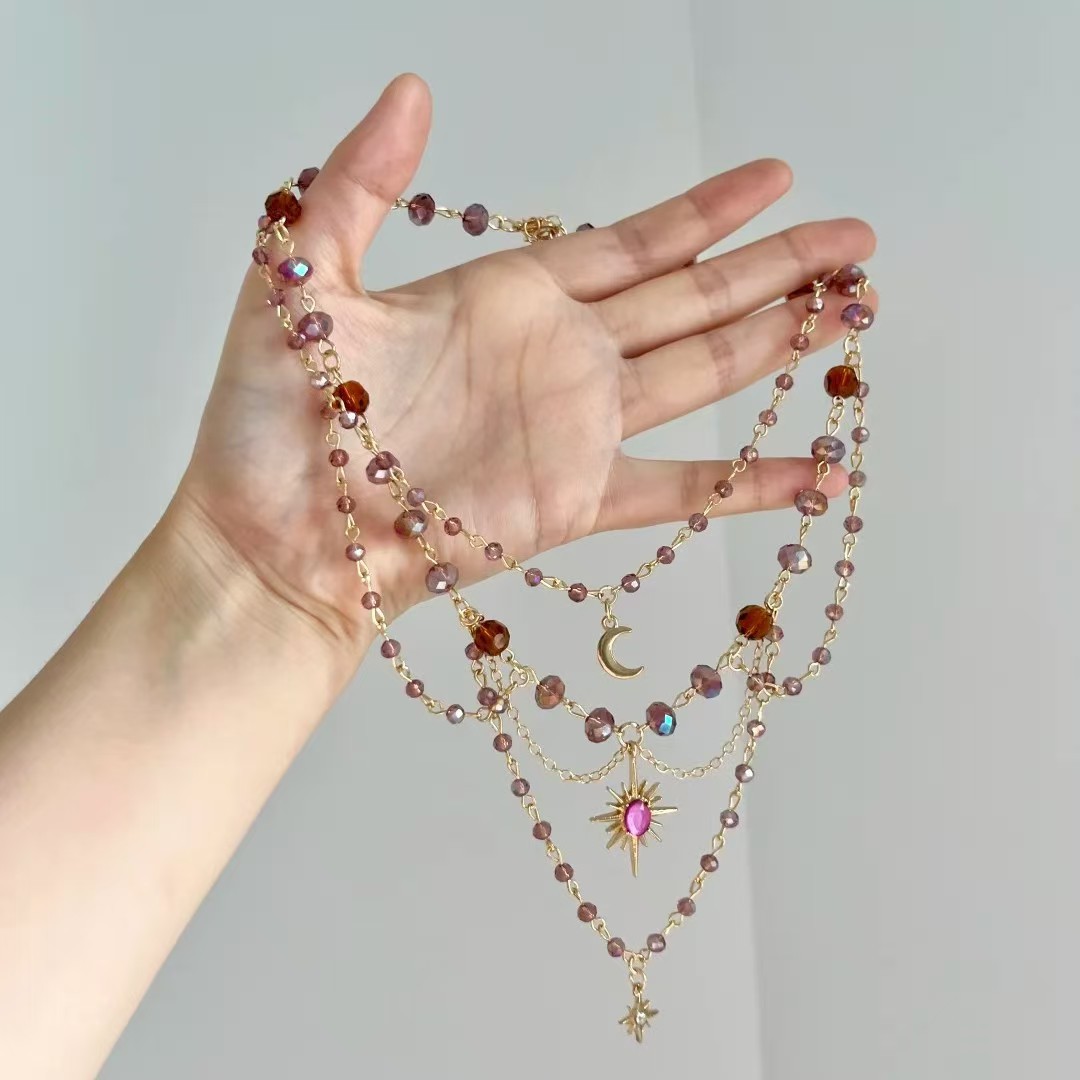 Multi-layer Beaded Collarbone Necklace With Moon And Sun Pendants_voghion.com