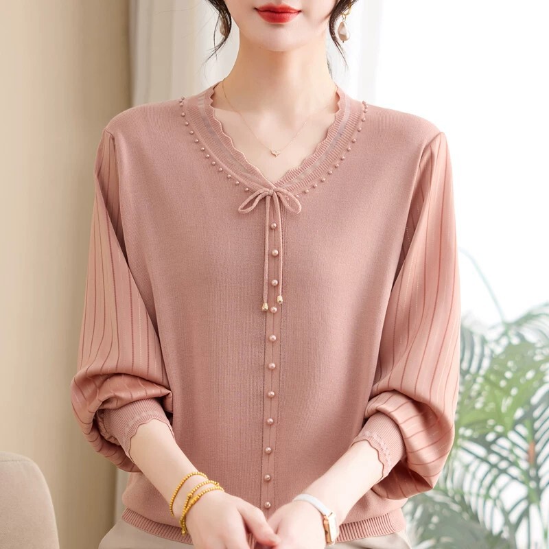 2026 New Fashion Spring Knit Top for Moms, Middle-Aged and Elderly Women's Summer Thin Long-Sleeve T-Shirt Set