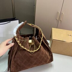 磨砂真皮菱格链条托特包女百搭小香风中古水桶包麂皮绒单肩腋下包