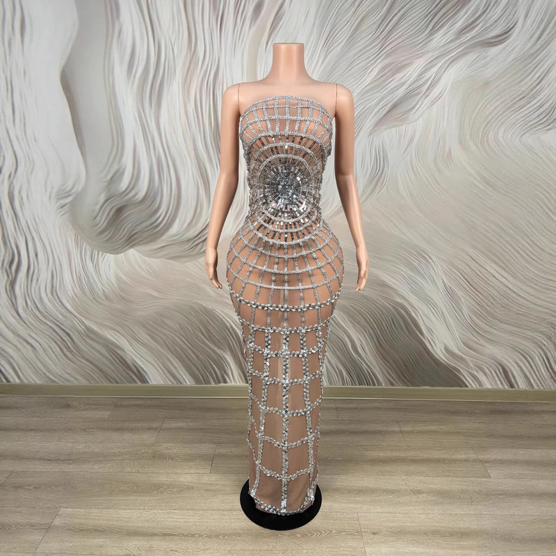 European and American Cross-Border Strapless Mesh Tassel Long Dress Luxury Makeup Back-To-School Birthday Party Prom Dress Performance Outfit