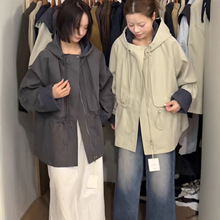 2025秋季新款欧洲站连帽抽绳收腰格子拼接外套女宽松百搭夹克上衣