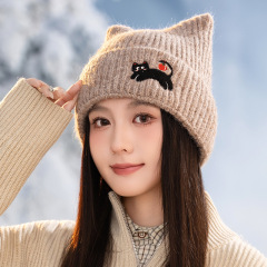 冬季帽子女款甜美可爱猫咪刺绣耳朵毛线帽保暖加厚包头护耳针织帽