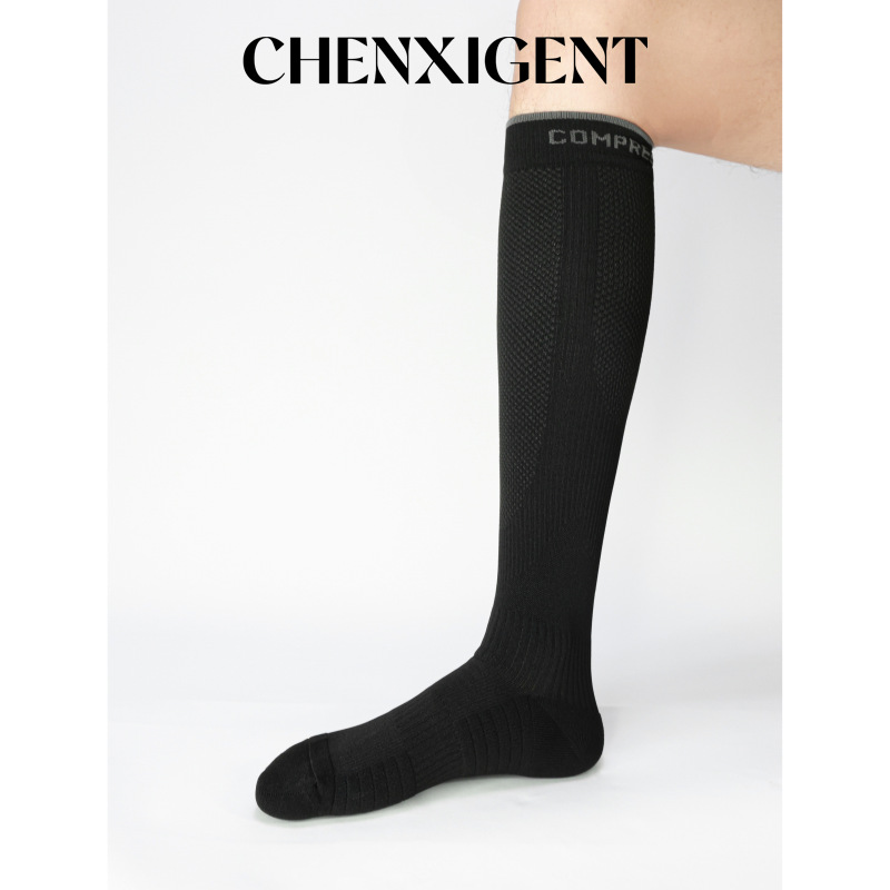 Men's Black Sports Solid Color Compression Socks Non-Slip Football Basketball High Tube Socks Over-The-Knee Calf Socks