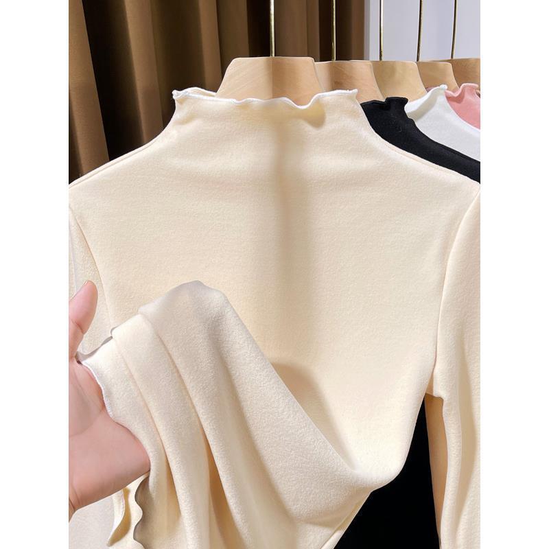 Women's Spring and Autumn Western-style Half-high Collar Base Shirt with Wood-ear Edge New Style Fleece Thickened Autumn and Winter Long-sleeved Top