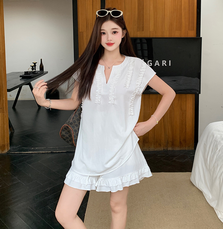 2025夏装新款胖mm大码女休闲飞飞袖木耳边短袖短裤气质减龄套装|undefined