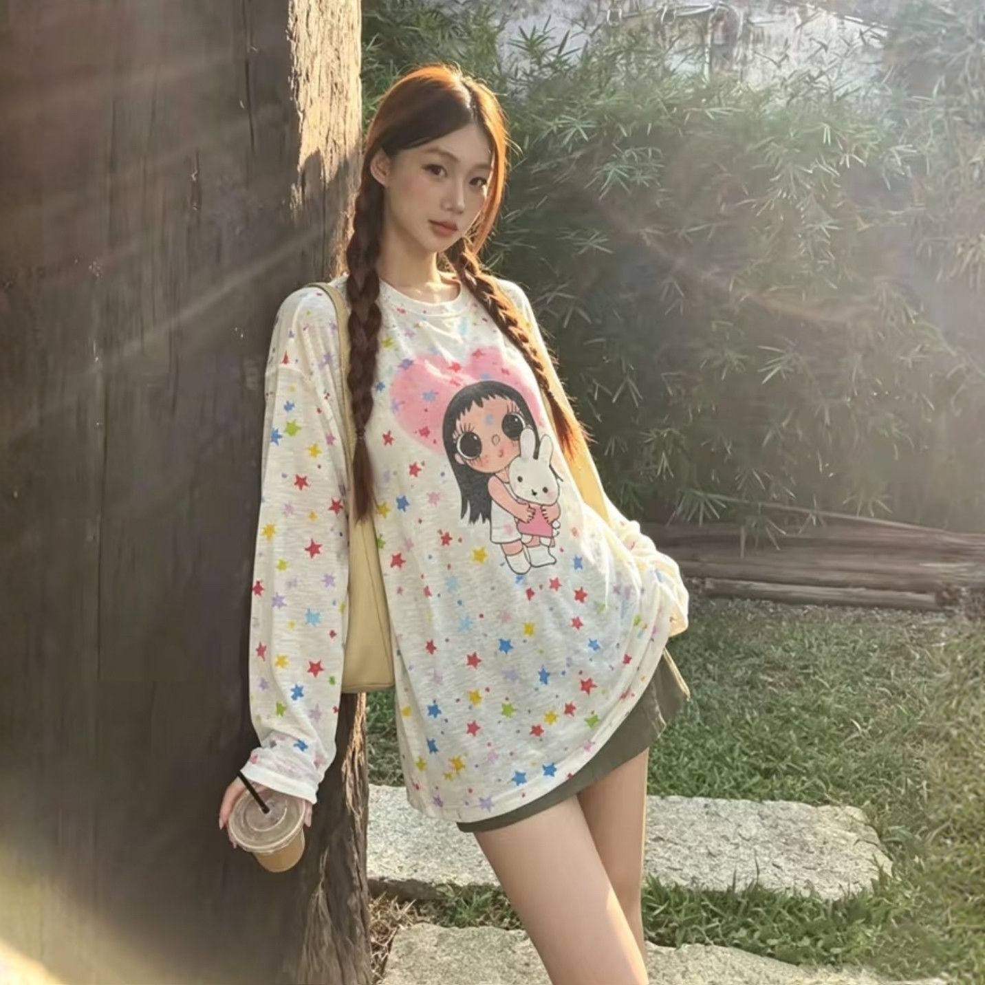 Korean style star and jade print T-shirt for women, thin style, new summer 2026, loose long sleeve, slightly sheer, sun protection cover-up top