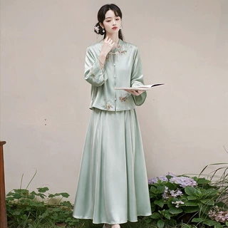 实拍秋冬汉服新中式刺绣茶服唐装上衣茶楼养生馆茶艺两件套裙