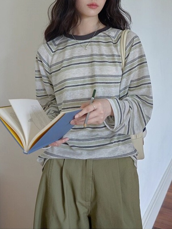复古绿条纹长袖薄款防晒衫秋季新款韩系休闲宽松透气情侣T恤上衣|undefined