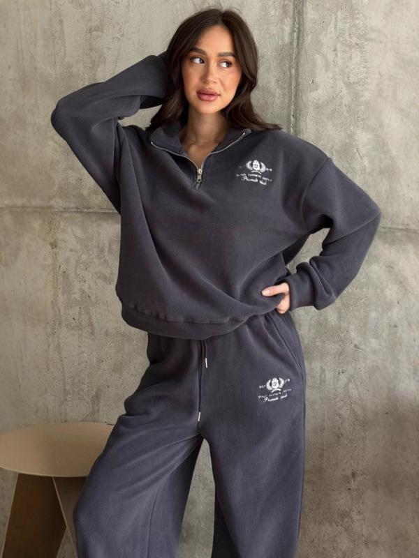 欧美粉色百搭字母刺绣套装女秋冬慵懒磨毛半拉链卫衣直筒长裤两件|undefined