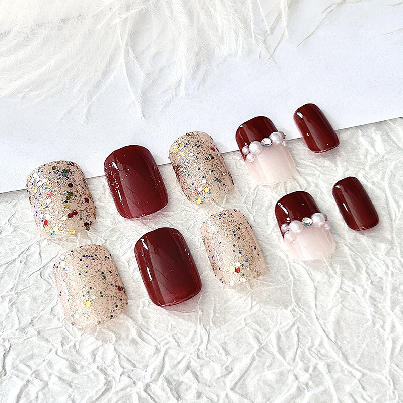 Burgundy Bursting Shard Wear Armor Holiday Atmosphere New Year Feeling Nail Shard Bride Fake nails Burgundy Bursting Shard Wear Armor Holiday Atmosphere New Year Feeling Nail Shard Bride Fake nails