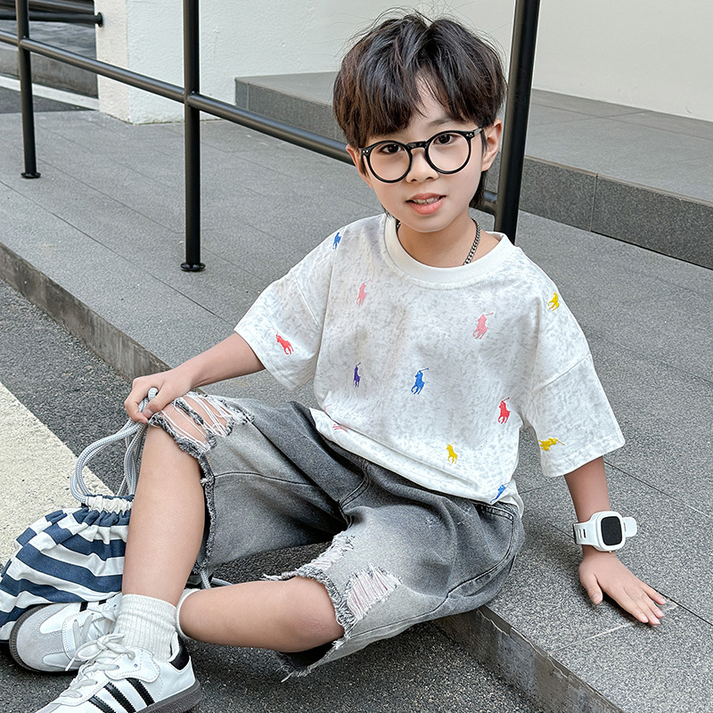 7378 Traje de verano para niños Camiseta de manga corta de dibujos animados para niños coreanos Pantalones vaqueros para bebés Pantalones cortos de verano Ropa delgada 3