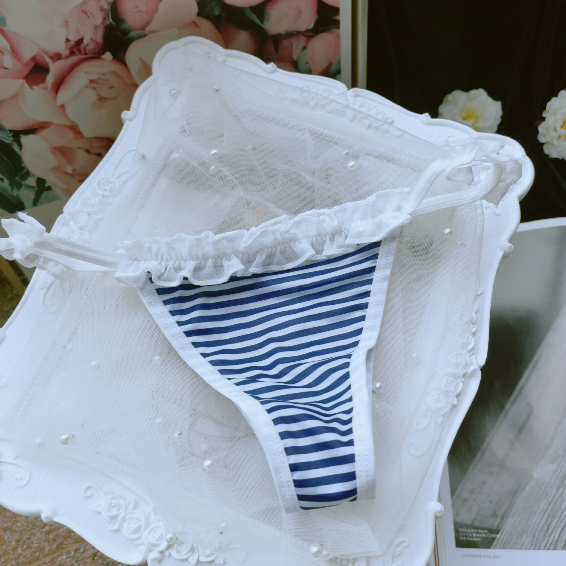 Japonés chica azul y blanco rayas ropa interior mujeres Navy estilo gasa Lolita lindo Tanga mujeres