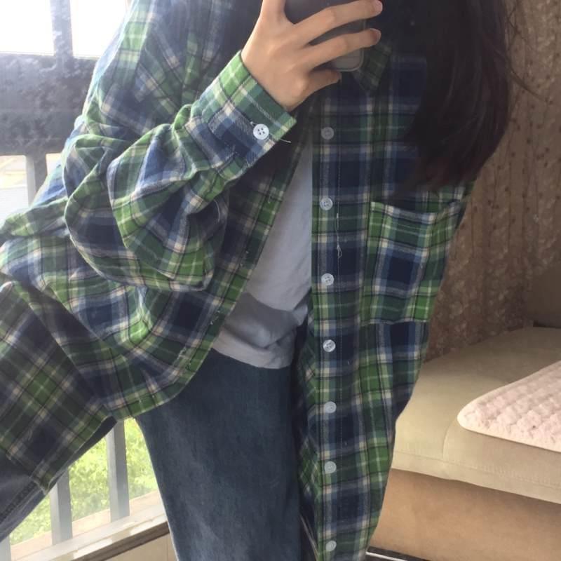 Japanese retro green autumn shirt