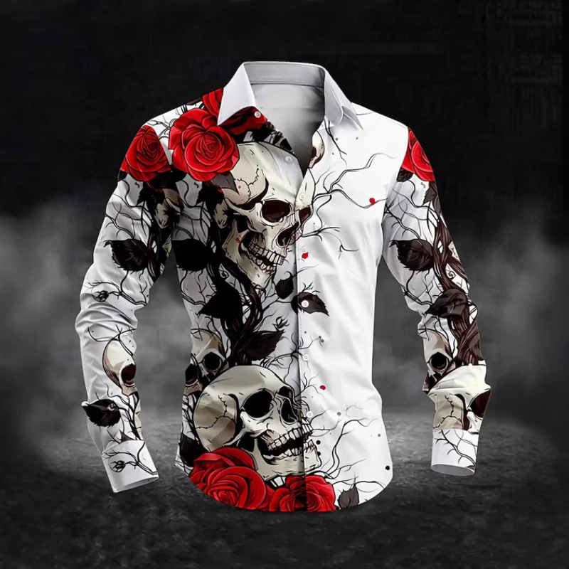 Cross-Border European and American 2025 New Casual Versatile Fashion 3D Pattern Printed Men's Long-Sleeved Lapel Button Shirt
