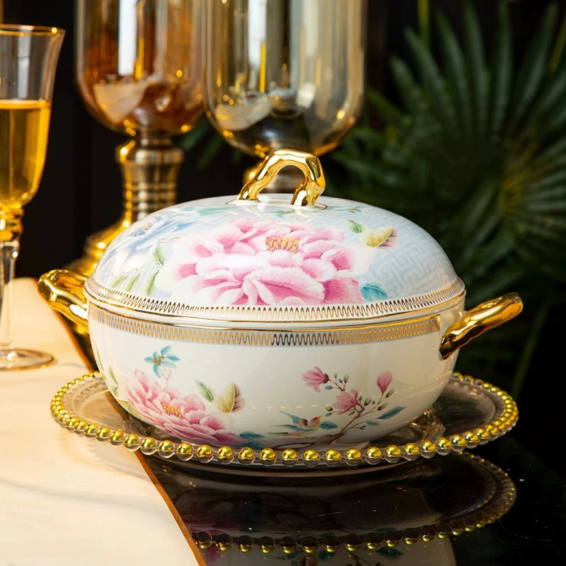 New bone china soup bowl with lid, high-end restaurant, commercial ceramic large stew bowl, household basin, household tableware, simple style