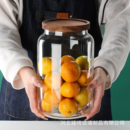 Large-Capacity Acacia Wood High-Borosilicate Glass Airtight Storage Jar for Grains, Tea, and Citrus Peel