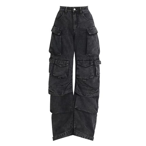 Streetwear Fashion Ash Grey Patchwork Multi-Pocket Work Pants, Street Washed Distressed Long Length Wide Leg Pants