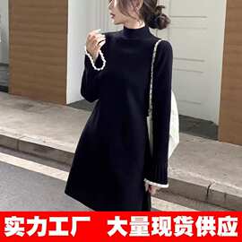 冰爽丝面料 赫本风半高领针织连衣裙秋冬收腰显瘦内搭毛衣打底裙