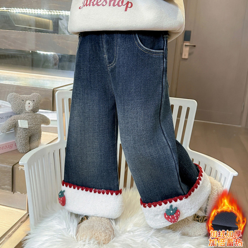 2025新款宝宝韩系牛仔裤小童洋气加绒外穿羊驼绒棉裤女童洋气裤子