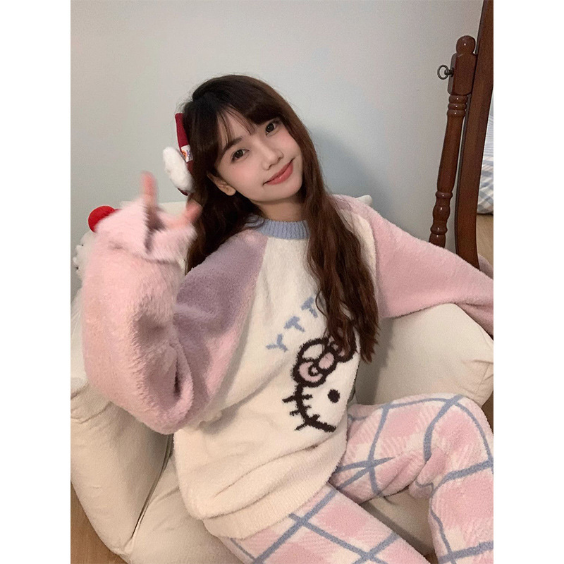 甜美卡通HelloKitty半边绒睡衣女冬季加厚保暖针织长裤家居服套装|undefined