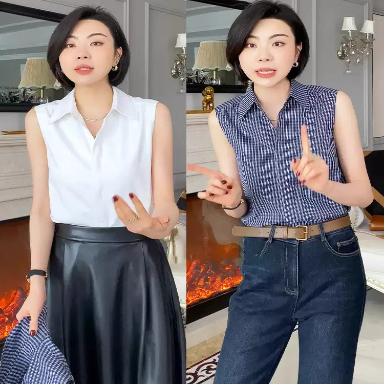 Blue Plaid Sleeveless Shirt for Women, Spring Wear, Layered Polo Shirt with Collar, Waistcoat and Vest