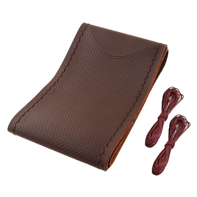 hand-stitched steering wheel cover leather | Steering wheel cover - brown-brown-double-c-embossed-38cm