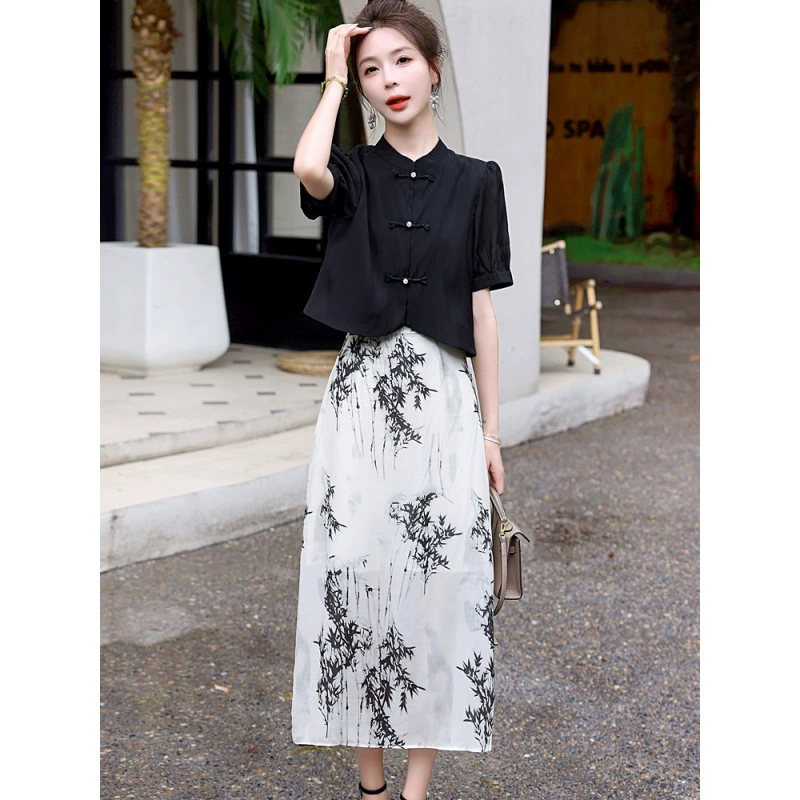 Новый китайский стиль чонсам для женщин 2025 лето новый топ с улучшенным принтом полуфутляр комплект из двух предметов