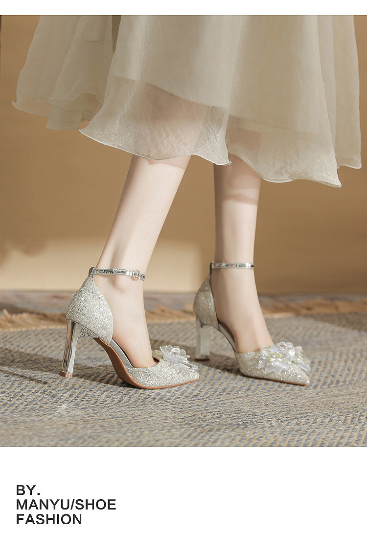 Giày sandal cao gót nữ quai ngang mũi nhọn bạc — Màu bạc chi tiết 11