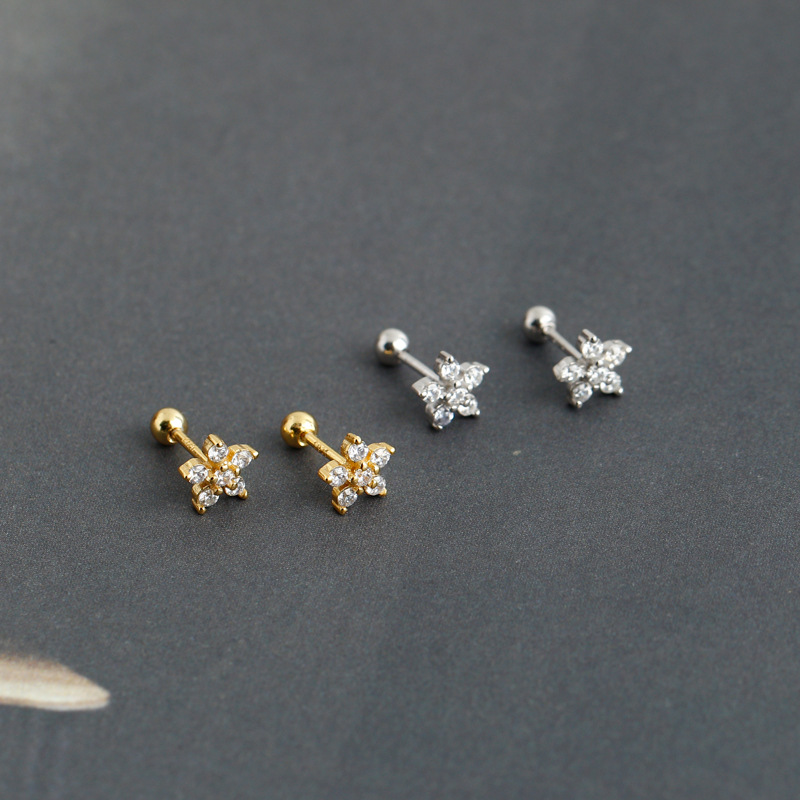 Simple Style Flower Sterling Silver Inlay Zircon Ear Studs 1 Pair