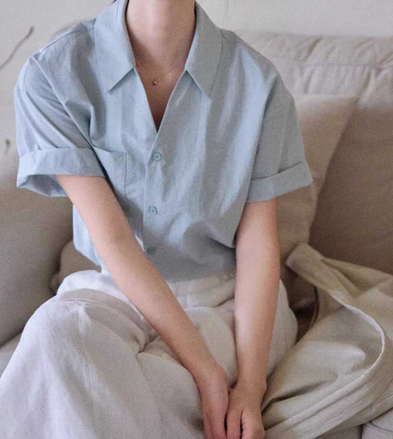 Áo sơ mi ngắn tay nữ cổ V phong cách Pháp chất liệu cotton — Áo xanh chi tiết 4