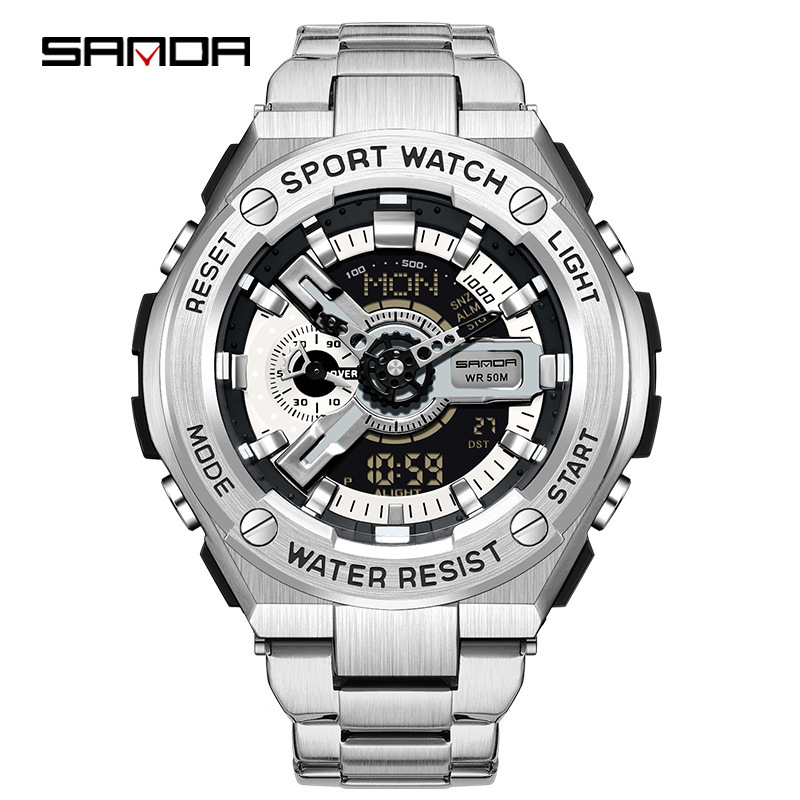 SANDA SANDA nuevo reloj despertador impermeable lámpara de mano sincronización electrónica multifuncional explosión reloj de pulsera de correa de acero 3170