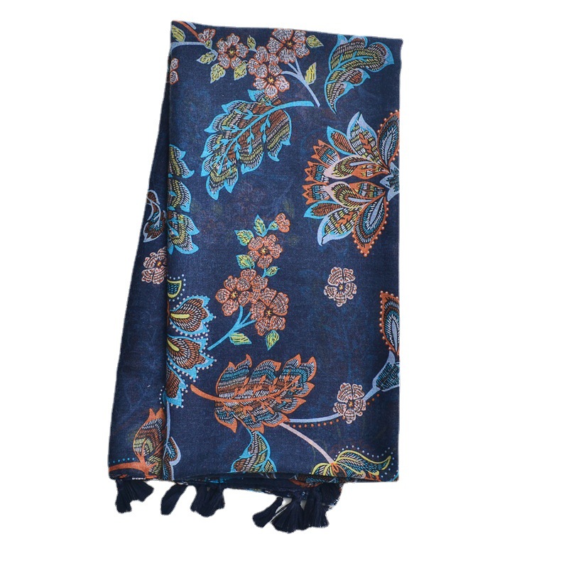 Yunnan Lijiang estilo étnico retro bufanda larga Comercio exterior azul marino impreso borla de seda chal protector solar bufanda