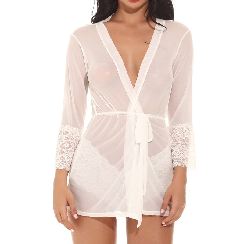Amazon's Popular Ebay Supply European and American Sexy Intimates Sexy Lace Long-Sleeved Cardigan Top and Underwear Two-Piece Set