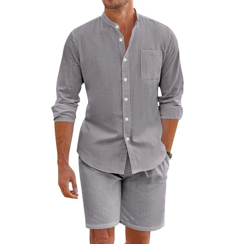 2026 Amazon hombre de verano dos piezas camisa de botón de lino manga larga pantalones cortos cardigan traje de playa casual