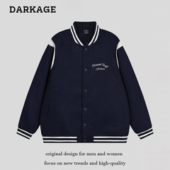 新款美式复古刺绣撞色毛呢棒球服男女秋冬宽松情侣装休闲外套