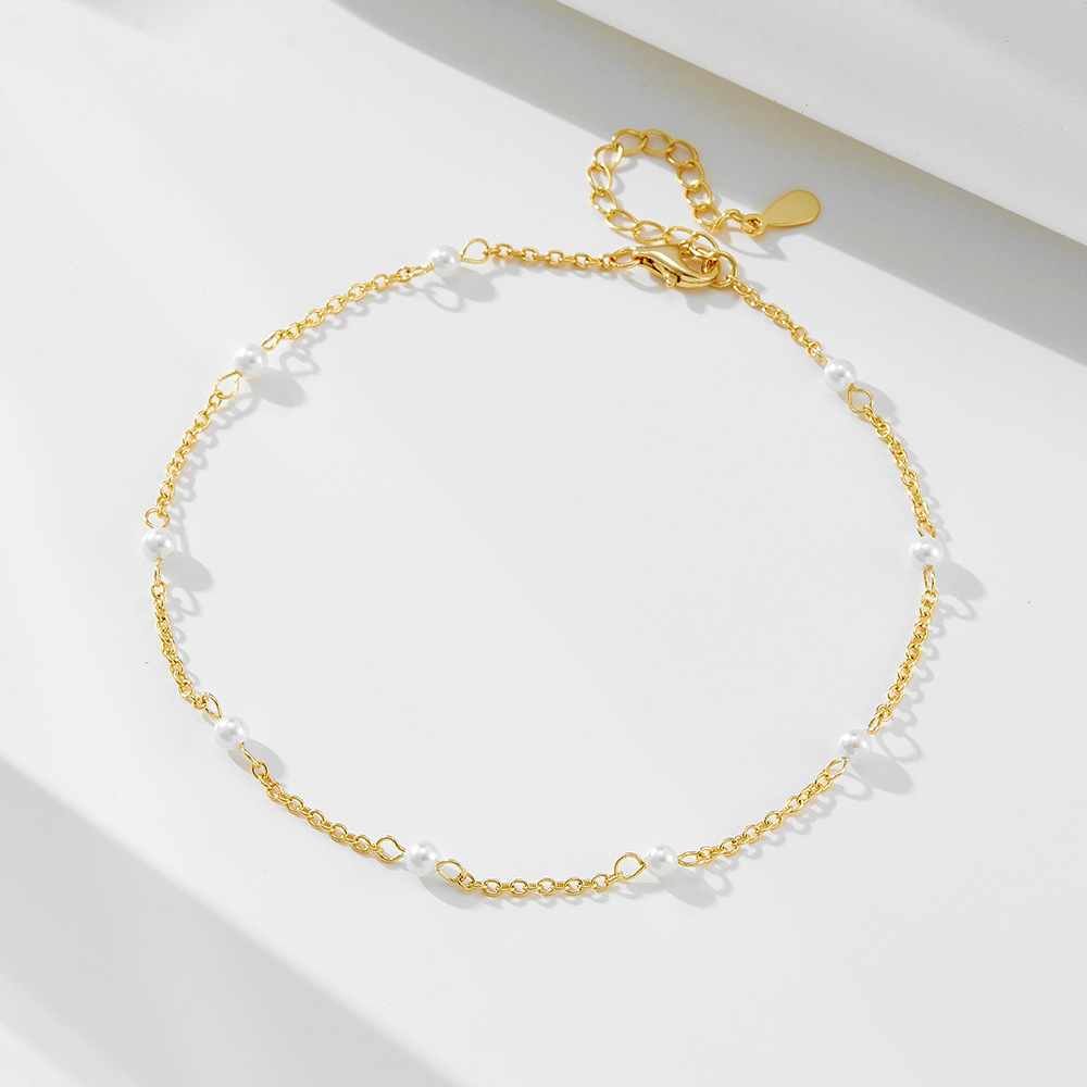 S925 plata de ley chapada en oro 14K perla con cuentas tobillera mujer europea y americana transfronteriza simple moda 3mm cuentas joyas para pies