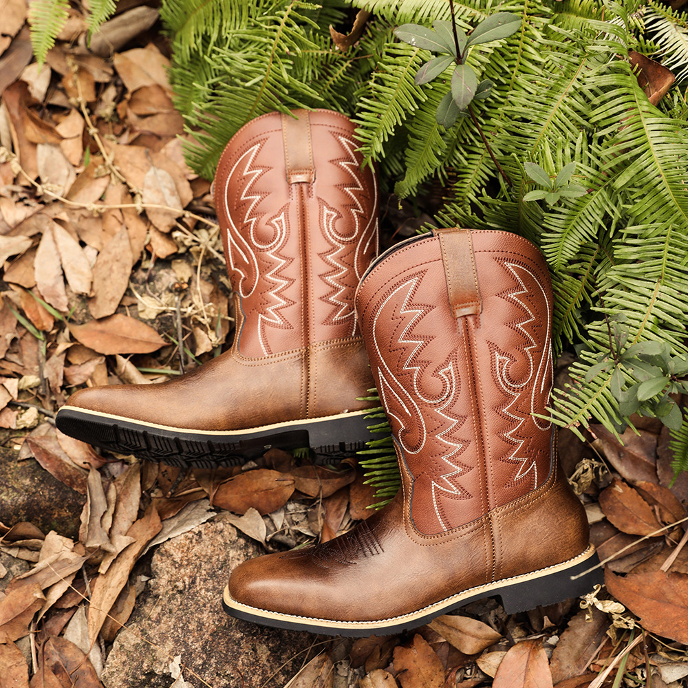 Cizme de cowboy western înalte, brodate, vintage, cu cap lat, pentru bărbați_voghion.com