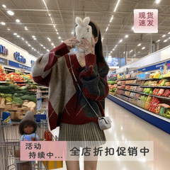 现货女装实拍宽松蕾丝拼接撞色V领针织衫女毛衣冬季蝴蝶结上衣