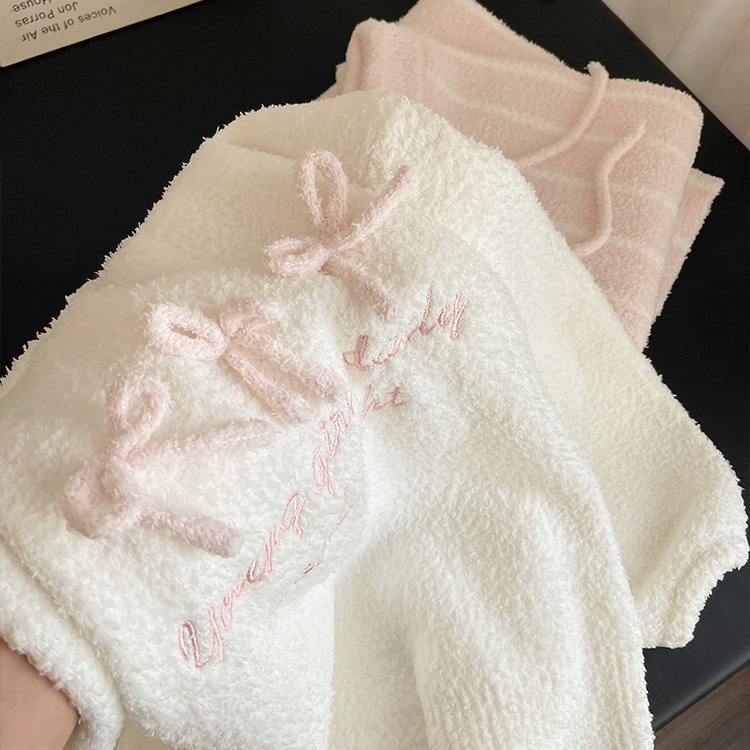 甜美少女针织半边绒睡衣女冬季加绒软糯蝴蝶结长袖长裤家居服套装|undefined