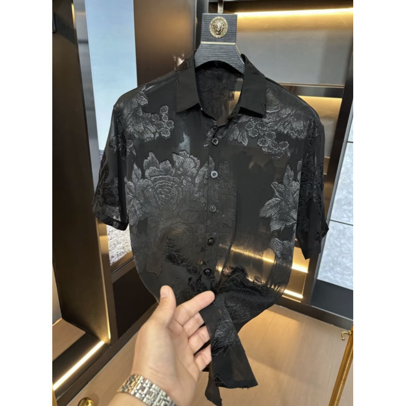 Summer Ice Silk Mesh Short-Sleeved Shirt for Men, Handsome Semi-Sleeved Shirt, Semi-Transparent High-End Nightclub Shirt for Men