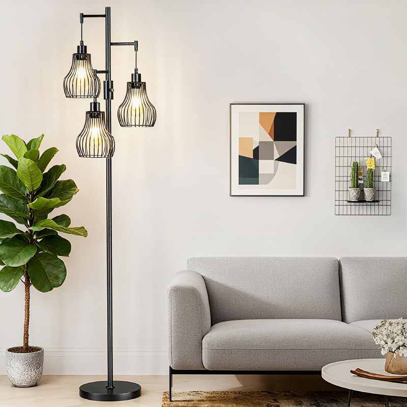 Dimmable Edison Bulb Farmhouse Industrial Floor Lamp Standing Tree Light Elegant Cage High Lamp for Living Room Bedroom Office