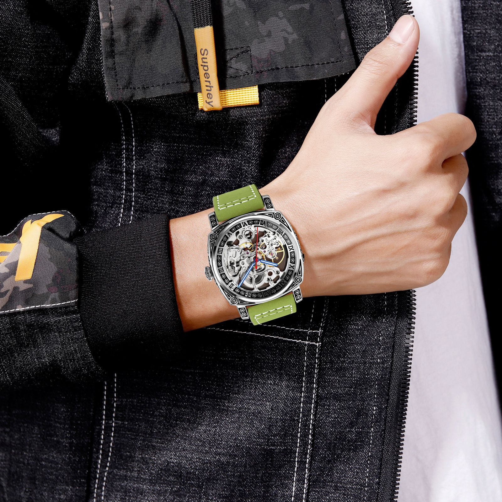 Momento retrógrado relojes mecánicos en relieve perforados relojes de pulsera de hombre casual comercio exterior al por mayor fábrica de fuente personalizada